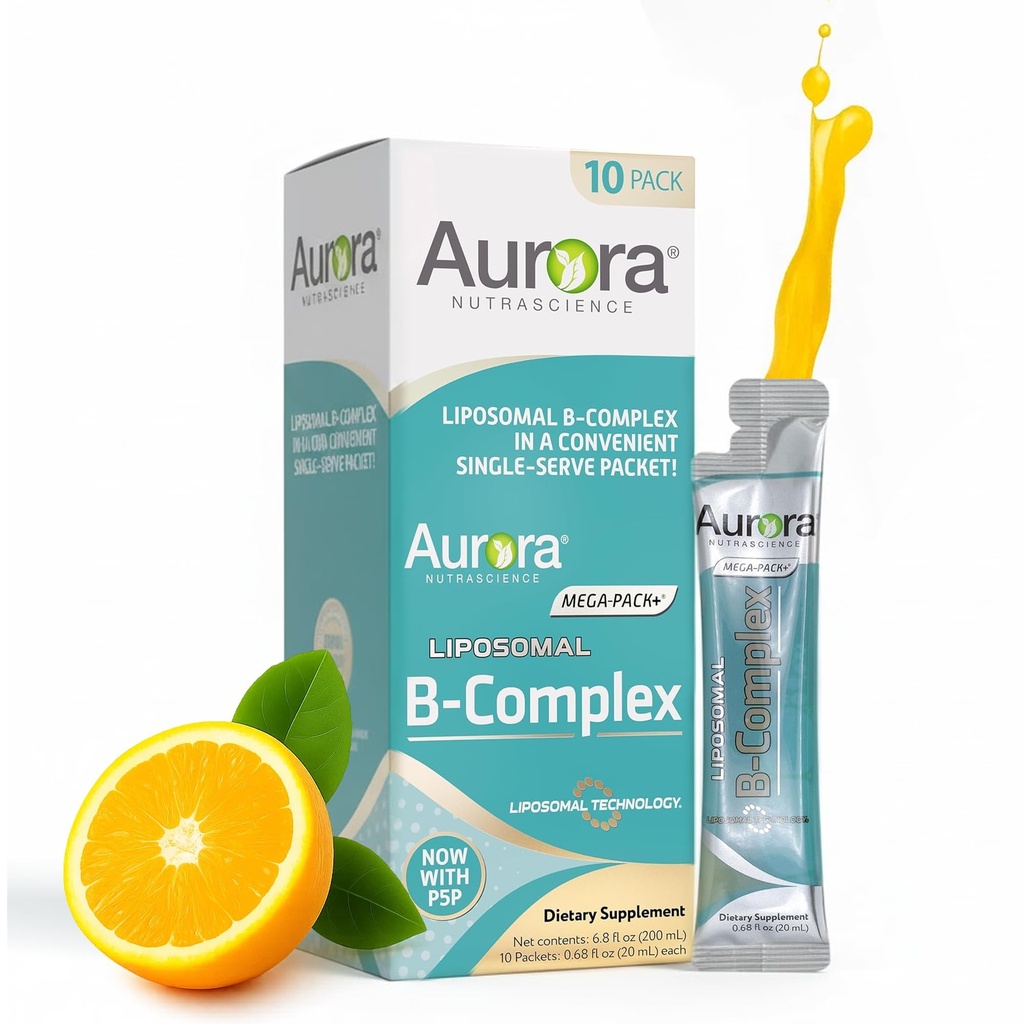 Aurora Nutrascience Mega- Liposomal B- Complex + C-vitamin, understøtter energi, immunforsvar og nervesystem sundhed, gluten fri, ikke-GMO, sukkerfri, Orange Flavor, 10 enkelt serve pakker