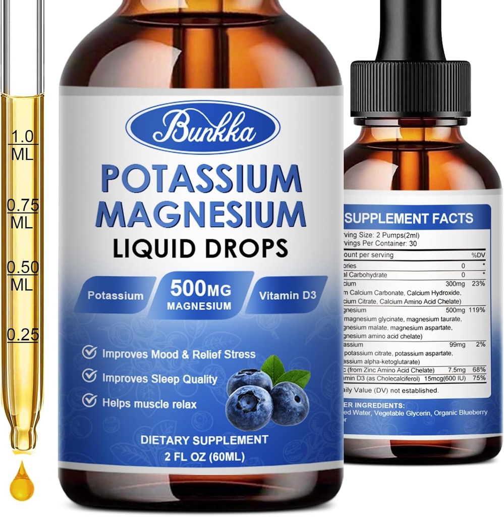 Potassium Magnesium Supplement - High Absorption Magnesium Complex 500mg & Potassium 99mg Plus Calcium, Vitamin D3, Zinc, Sugar Free Drops Supplement for Leg Cramps, Energy, Metabolism(Blueberry)