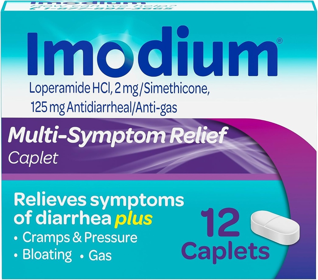 Imodium Multi- symptom Relief caplets, Loperamid Hydrochlorid & Simeticone Anti- Diarrheal Medicine for Relief of Diarré, Gas, Bloating, Cramp & Pressure, HSA / FSA Egnet, 12 ng