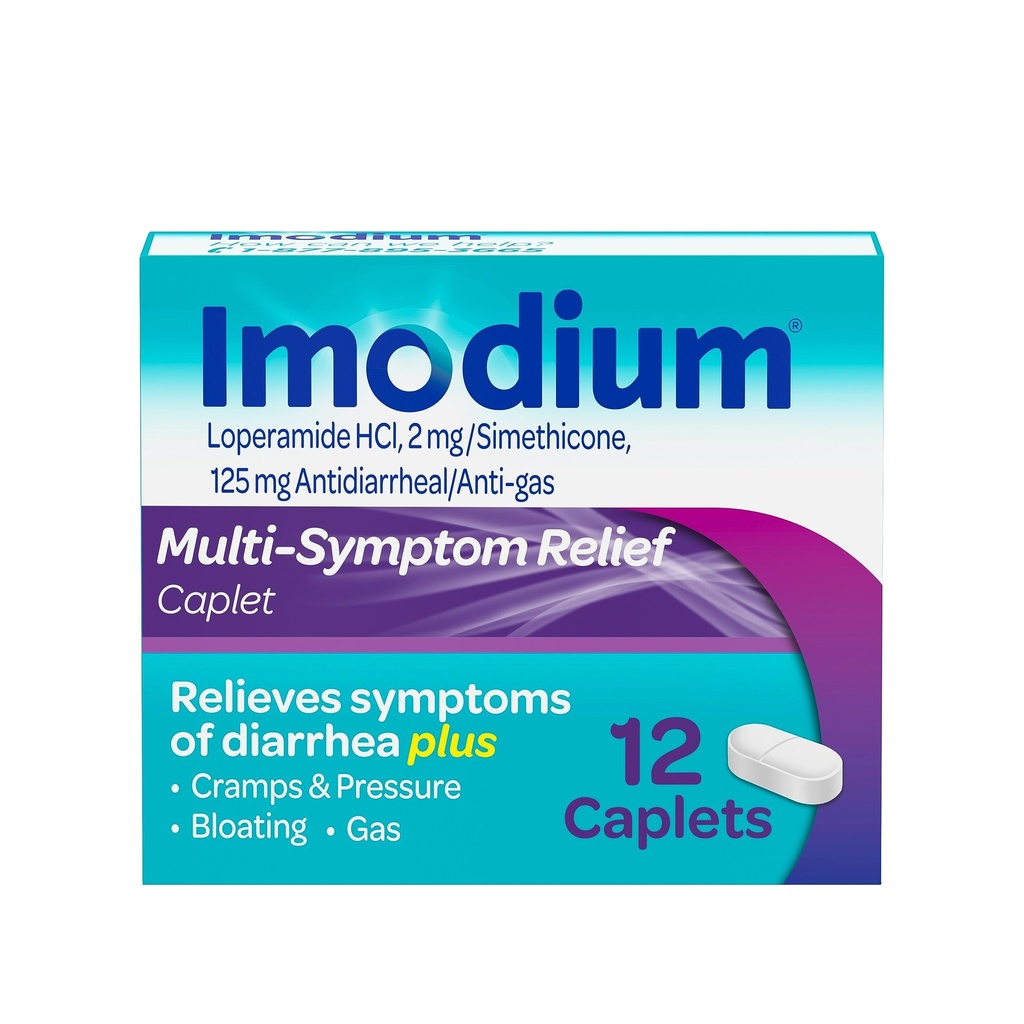 Imodium Multi- symptom Relief caplets, Loperamid Hydrochlorid & Simeticone Anti- Diarrheal Medicine for Relief of Diarré, Gas, Bloating, Cramp & Pressure, HSA / FSA Egnet, 12 ng
