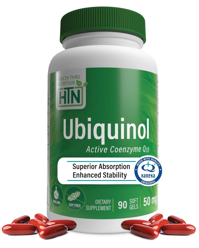 Health Thru Nutrition Ubiquinol 50mg 90 Softgels as Kaneka QH Reduceret CoQ- 10- 124; Stabiliseret - 3. part Testet med 124; Forbedret biotilgængelighed af 124; Kardiovaskulær & Mitochondria Funktionssupport af 124; Non- GMO