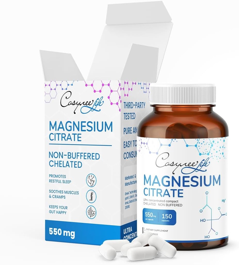Magnesium Citrate 550 mg per serveringsfaktor 124; Magnesium til Muscle & Support System, 150 Capsule, 75 dag Supply 124; citrato de magnesio.