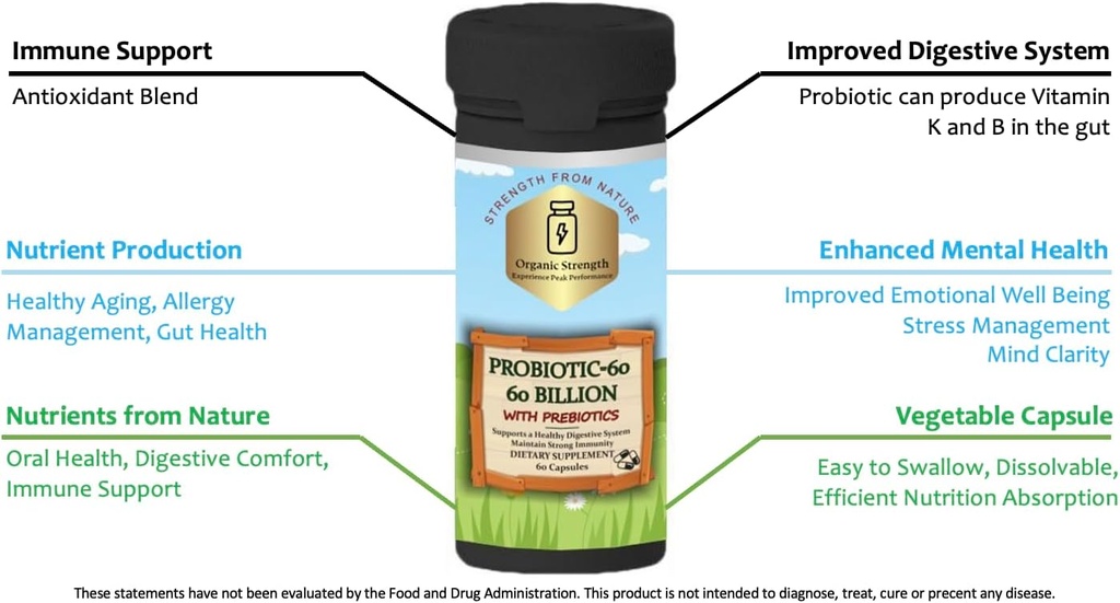 Probiotics 60 Capsules: Nourish Your Gut for Optimal Digestive Health with Proprietary Blend of 60 Billion CFU (60 Count)