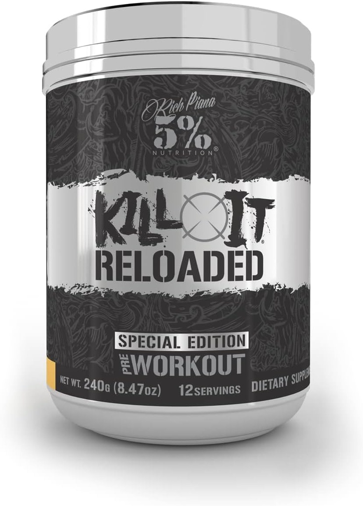 5% Nutrition Rich Piana Kill It reloaded High Stim Pre-Workout Means 124; Ultra Energy, Focus, Power & Endurance Citrullin, GlycerSize, Nitrosigine, Creatin, Cholin, Huperzine A (Maui Twist), 1 pakke, 8.47 Ounce