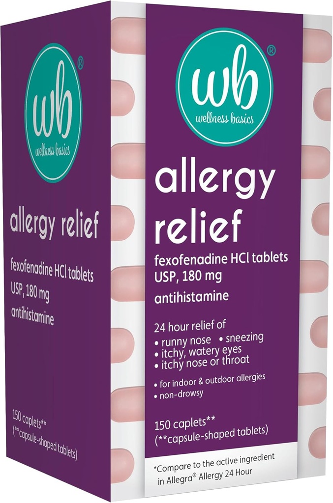 Wellness Basics Allergy Relief | Fexofenadine HCL180 mg Tablet | 150 Count | 24-Hour Relief | Non-Drowsy Antihistamine | Relieves Indoor & Outdoor Allergies