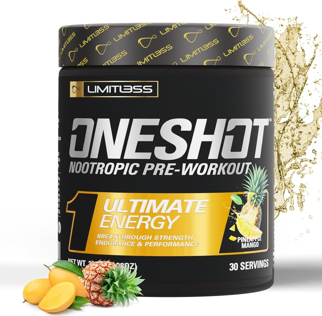 ONESHOT Pre Workout Pulver til mænd og kvinder - BCAAS Aminosyrer Supplement Pulver, 200mg Koffein, Beta alanine Pulver, Citrullin Malat Preworkout Powder - Ananas Mango - 30 Servere