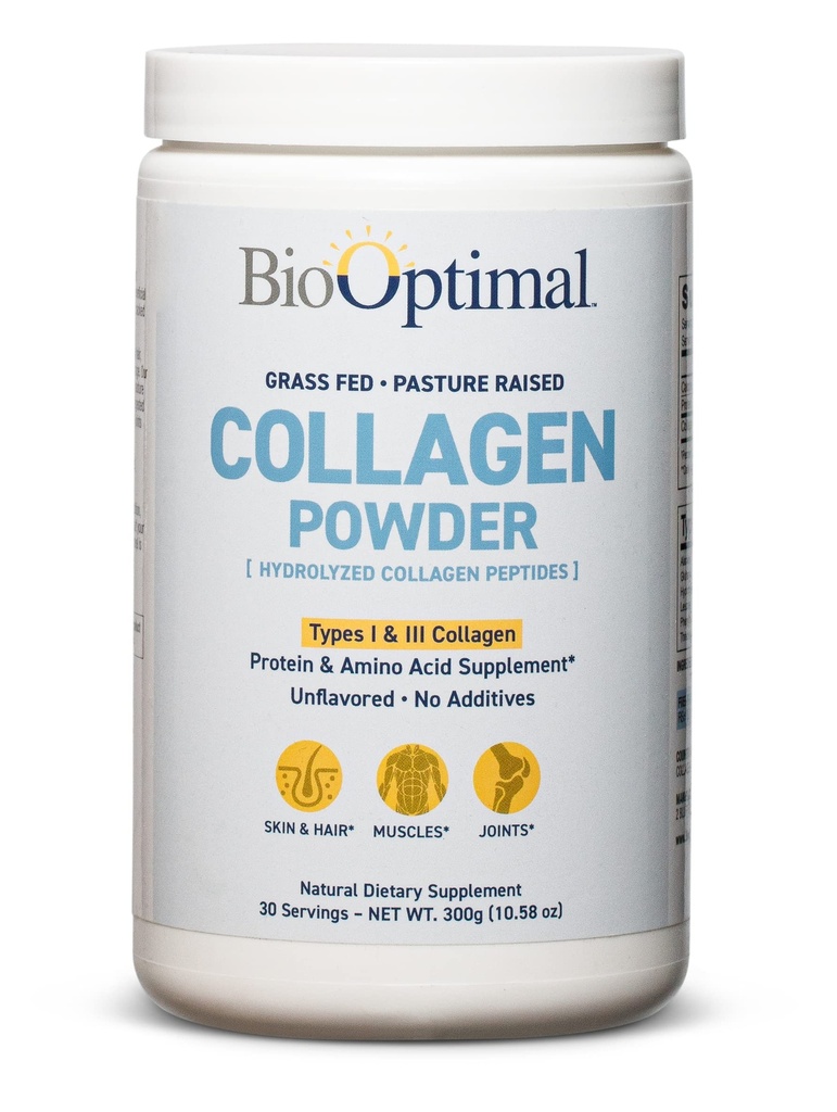 BioOptimal kollagen peptider pulver - Grass- Fed, Pasture- Raised Hydrolyzed Protein Supplement for hud, hår, & negle - Non-GMO, Zero Sugar Daily Supplement for mænd og kvinder (30 Servere)