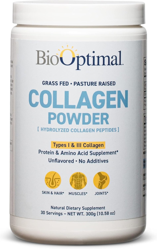 BioOptimal kollagen peptider pulver - Grass- Fed, Pasture- Raised Hydrolyzed Protein Supplement for hud, hår, & negle - Non-GMO, Zero Sugar Daily Supplement for mænd og kvinder (30 Servere)
