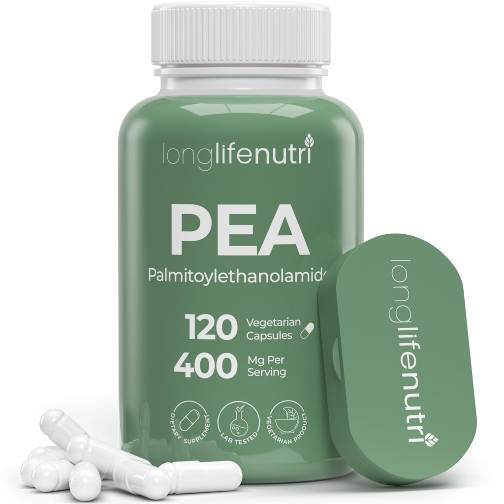 LongLifeNutri Palmitoylethanolamid (Pea) 400mg - 120 Vegetariske Kapsler, Organisk supplement til Diskomforthåndtering, 4-måned Supply, Lab Testet, Made in USA