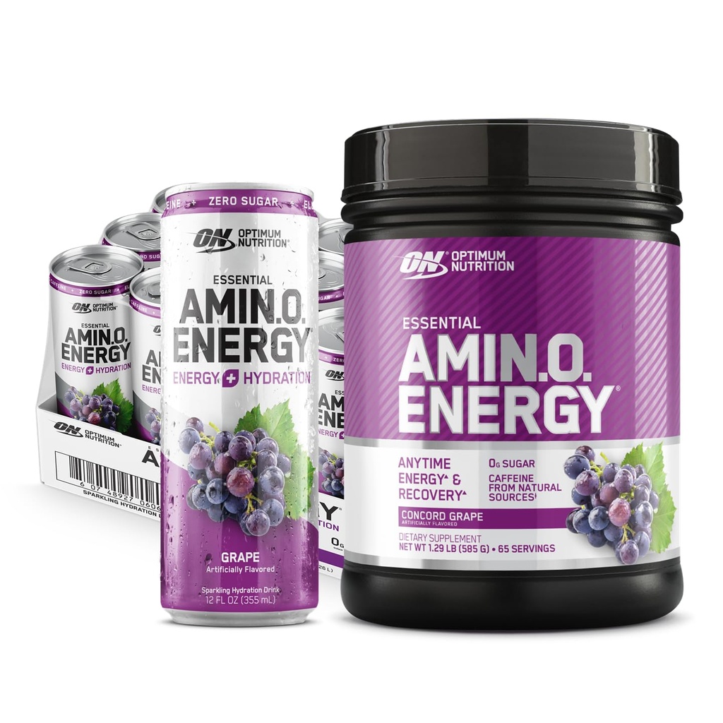 Optimum Nutrition Amino Energy Powder: Concord Grape (65 Servering) med Essential Amino Energy Plus Electrolyes Sparkling Drink: Grape (12 Cans) - Bundle Pack