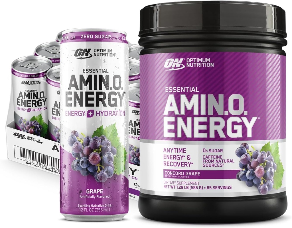 Optimum Nutrition Amino Energy Powder: Concord Grape (65 Servering) med Essential Amino Energy Plus Electrolyes Sparkling Drink: Grape (12 Cans) - Bundle Pack