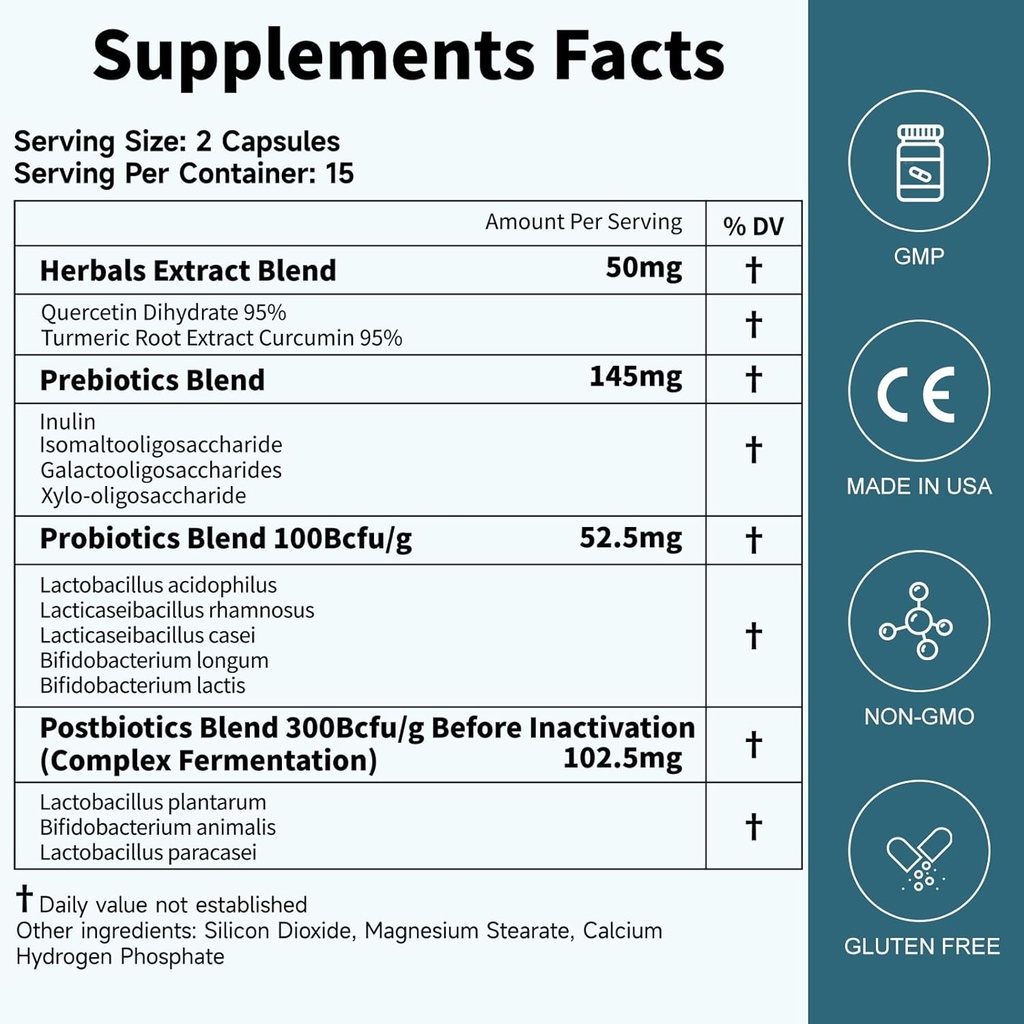 Probiotika Kvinder Mænd Gut Sundhed: fordøjelig sundhed immunforsvar Bloating Relief Hylde Stable Strops 35B CFU 'er per kapsel Kompleks med Prebiotika Postbiotika Quercetin & Curcumin Kosttilskud