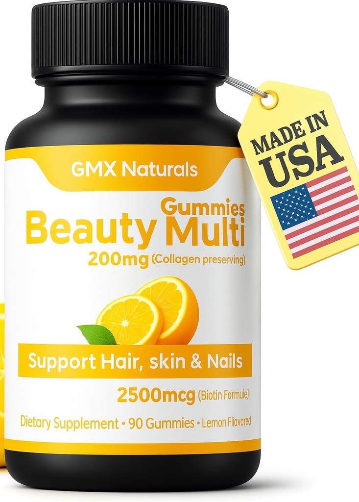 Hår Hud og negle Vitaminer Gummier Support med Biotin & Collagen Lemon Flavor Non- GMO, Lavet i USA Gummy Vitaminer til kvinder 60 Gummies