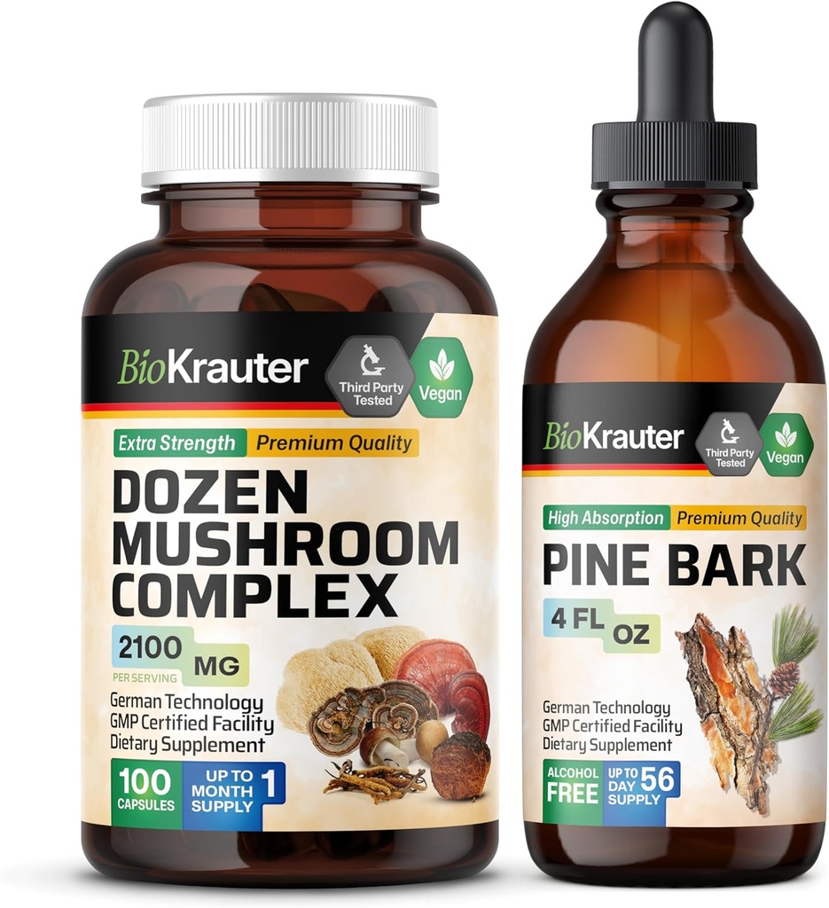 BIO KRAUTER Dozen Mushroom 100 Capsules & Pine Bark Tincture 4 Fl. Oz.