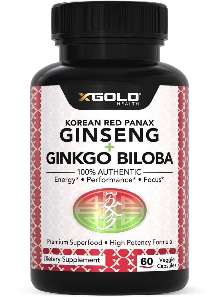Koreansk rød Panax Ginseng 1200mg + Ginkgo Biloba - Extra Strength Root Extract Powder supplement w / High Ginsenosides Veganske kapsler for energi, ydeevne og fokus - Supplement for mænd og kvinder