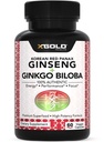 Koreansk rød Panax Ginseng 1200mg + Ginkgo Biloba - Extra Strength Root Extract Powder supplement w / High Ginsenosides Veganske kapsler for energi, ydeevne og fokus - Supplement for mænd og kvinder