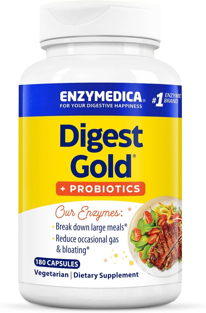 Enzymedica Digest Gold + Probiotika, 2- in-1 Formel for Gut Health, fordøjelsesenzymer & 1 Millioner aktive probiotiske kulturer, 180 Greve (FFP)