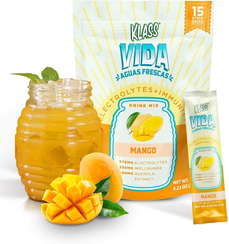 Hydration + Immunity Electrolyte Drink Mix - Mango Agua Fresca Flavor 124; sukkerfrit pulver med Wellmune ®, Acerola, kokos vand & mineraler