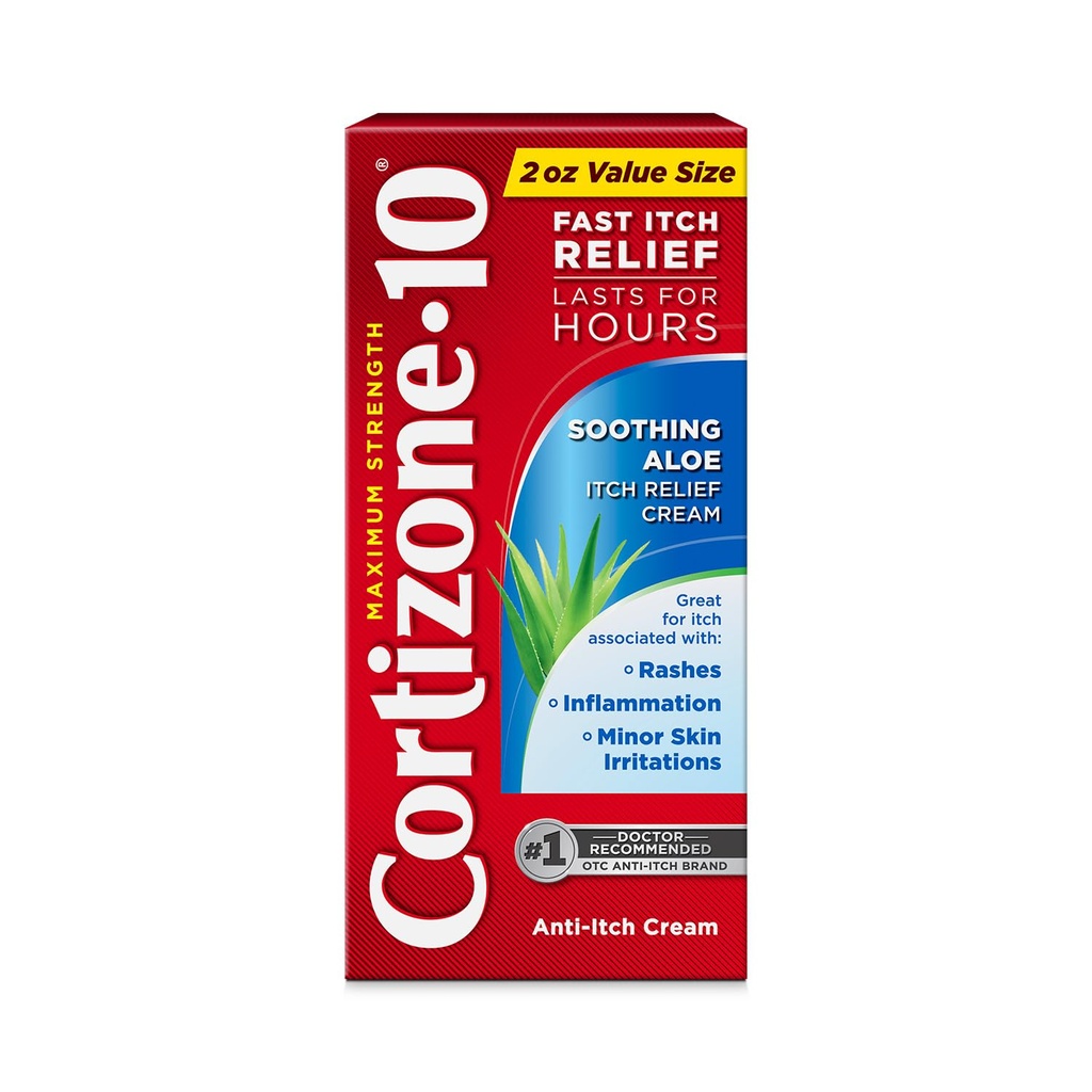 Cortison-10 Maksimal styrke Lindrende Aloe Itch Relief Cream, 1% Hydrocortison, Fast- Actioning, Anti- Itch Cream til Bug Bites, Udslæt, Eczema, Psoriasis, Poison Ivy, Oak, Sumac & Mere, 2 oz