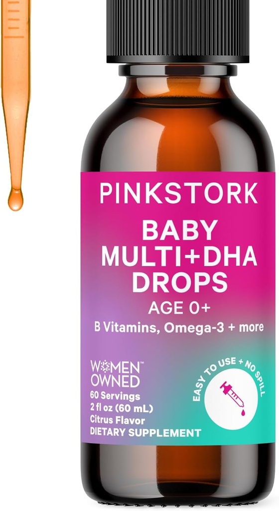 Pink Stork Baby Liquid Multivitamin Drops, Baby & Toddler Vitamin Drops med DHA, C-vitamin, D, B12 og Cholin til at understøtte hjerne sundhed og immunfunktion - 2 fl oz, 2 Måned Supply