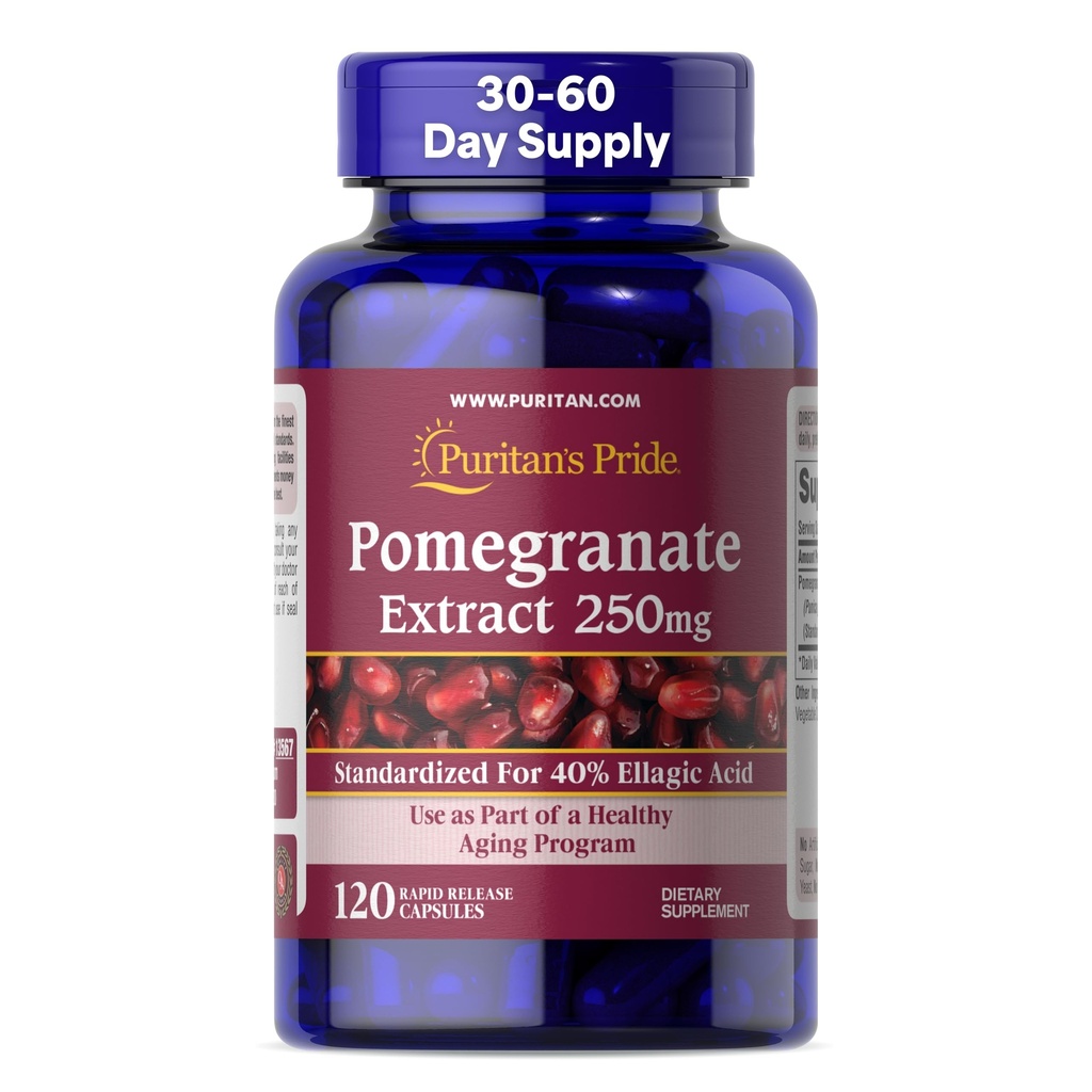 Puritan 's Pride Premium Pomegranate Extract 250 mg, Kosttilskud til antioxidant sundhed og sund aldring program, 40% Ellaginsyre, 120 hurtige release kapsler (Packaging May Vary)