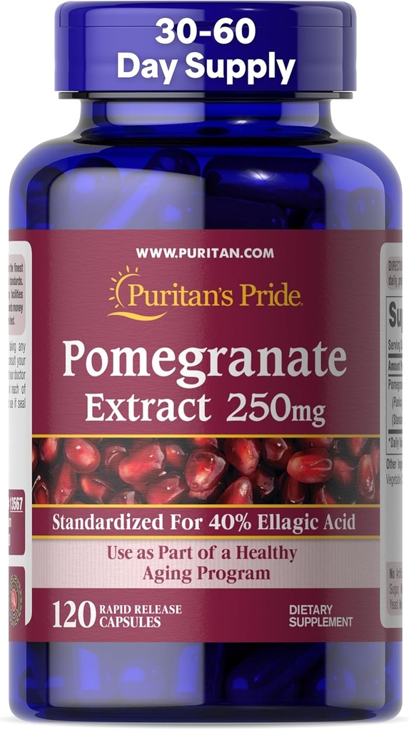 Puritan 's Pride Premium Pomegranate Extract 250 mg, Kosttilskud til antioxidant sundhed og sund aldring program, 40% Ellaginsyre, 120 hurtige release kapsler (Packaging May Vary)