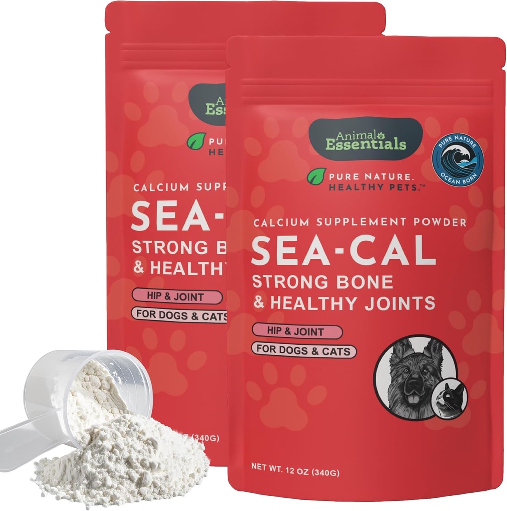 Animal Essentials Sea- Cal - Pure Seaweed Calciumpulver til hunde med Magnesium, Fælles tillæg for hunde & katte for sunde knogler & tænder, Fælles sundhed, Islandsk Seaweed Calcium - 12 oz (pakke af 2)