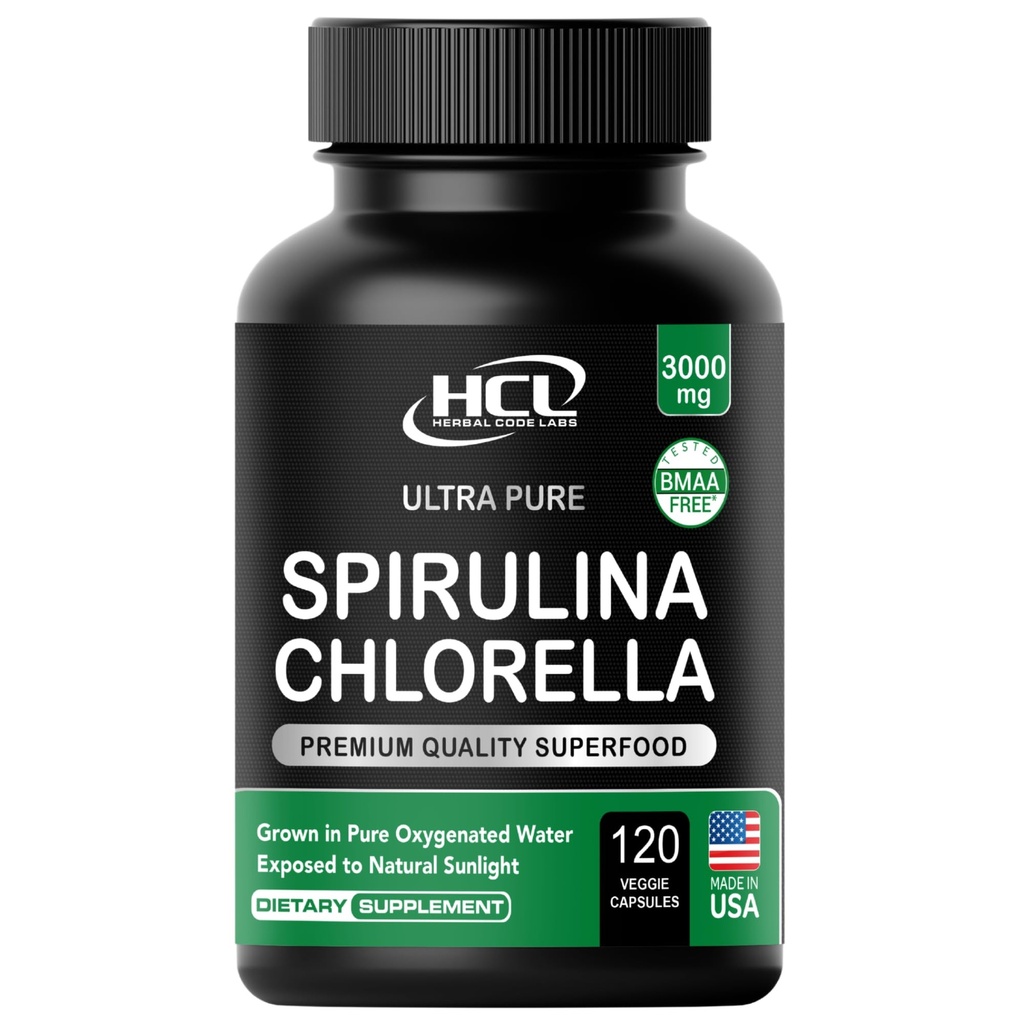 Chlorella Spirulina Powder Capsules 3000 mg BMAA Free Pure Blue Green Algae - Best Natural Detox Raw Vegan Vitamin Protein Green Superfood - Made in USA