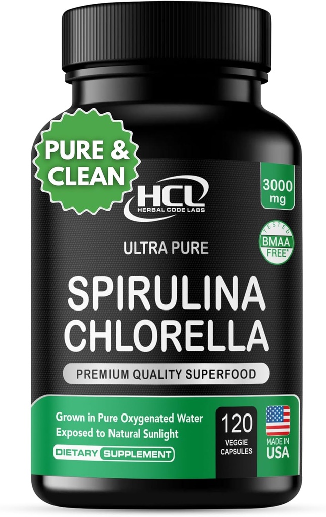 Chlorella Spirulina Powder Capsules 3000 mg BMAA Free Pure Blue Green Algae - Best Natural Detox Raw Vegan Vitamin Protein Green Superfood - Made in USA