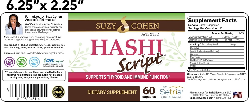 Script Essentials HashiScript Thyroid og immunsupportformel med Catalase og Glutathione - af Suzy Cohen