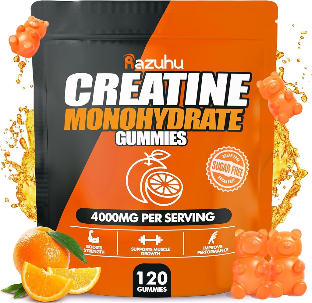 Creatine monohydrat gummier for mænd og kvinder, 4g Creatine monohydrat per servering for maksimal styrke, ydeevne, sukker fri, Vegan, Pre- workout supplement (120 Tæl) -Orange