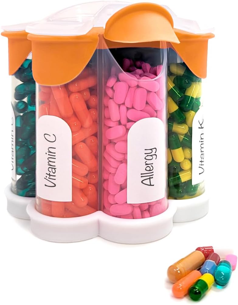 Ekstra Stor Pill Organizer Daglig, Ugentlig, Månedlig Supplement Flaske, Cute Blossom Pill Dispenser med 7 XL kompartmenter, Easy- Open Pill Box for Vitaminer, Medicin, Etiketter inkluderet (Orange)