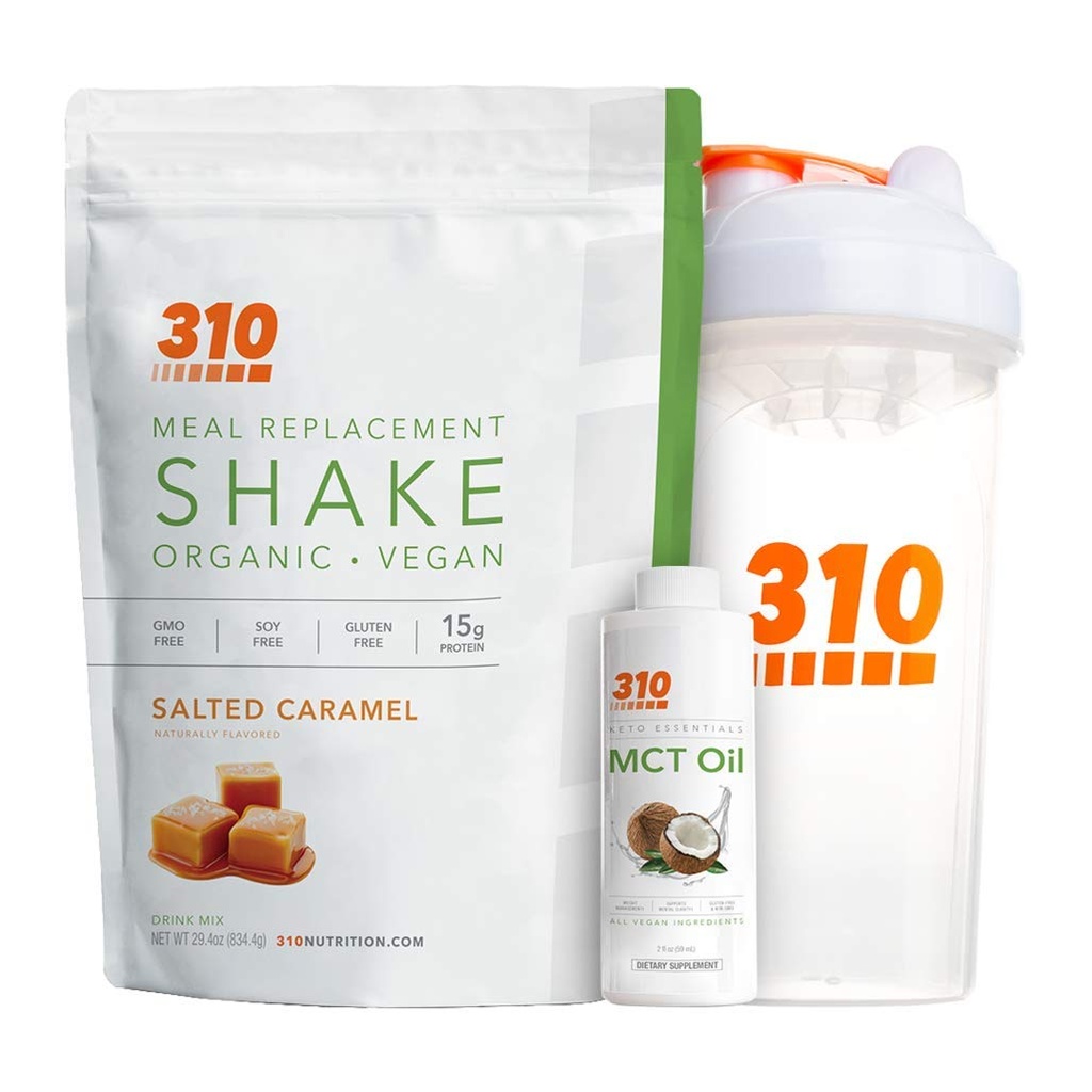 Vegan Organic Plant Protein Powder and Meal Replacement Shake With Shaker Cup and 2 Oz MCT Oil - By 310 Nutrition - Gluten, Dairy and Soy Free - 0g of Sugar | Keto and Paleo Friendly (Salted Caramel)