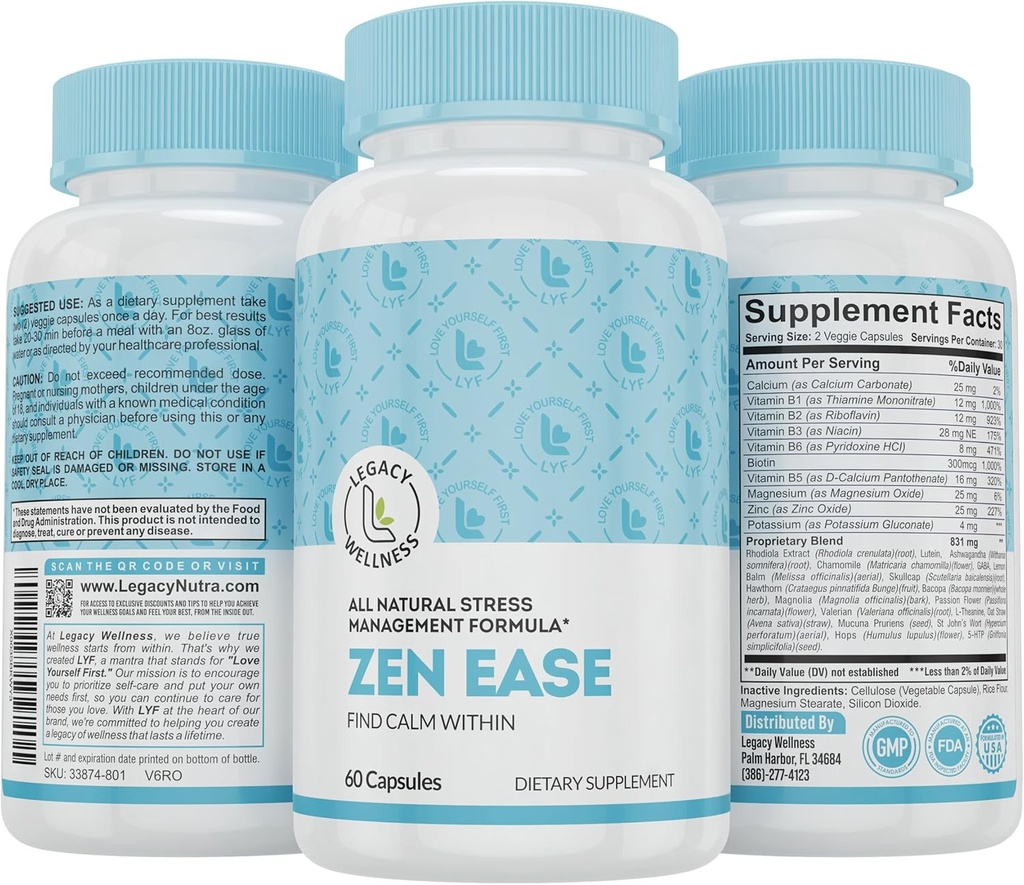 Legacy Wellness Zen Ease Calm Mind Supplement - Natural Vegan Formel - 5 -HTP, Ashwagandha, St. John 's Wort, L- Theanine, Magnesium, B- Vitamin - Kapsler til at fremme en god følelse af fred