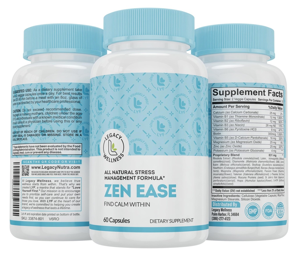 Legacy Wellness Zen Ease Calm Mind Supplement - Natural Vegan Formel - 5 -HTP, Ashwagandha, St. John 's Wort, L- Theanine, Magnesium, B- Vitamin - Kapsler til at fremme en god følelse af fred