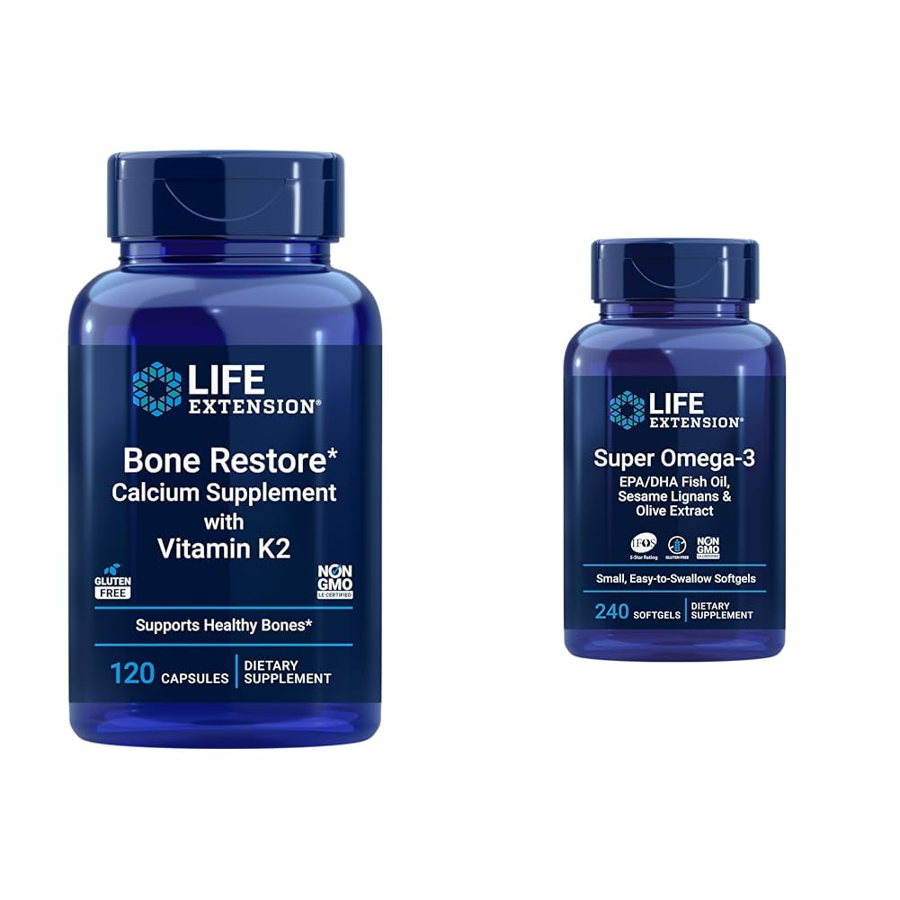 Life Extension Bone Gendan + Vitamin K2 Vitaminer & Mineraler Opretholde Bone Sundhed & Styrke & Super Omega-3 EPA / DHA Fish Oil, Sesame Lignans & Olive Extract