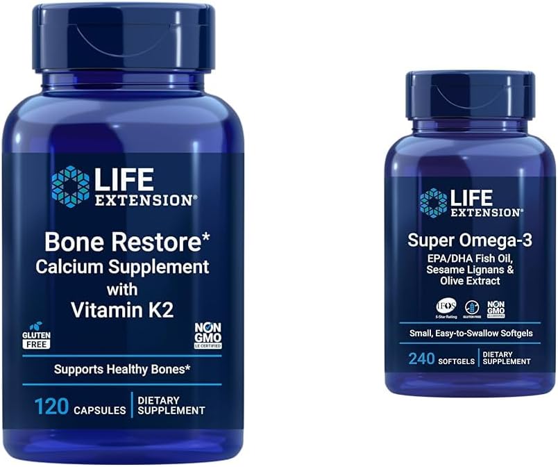 Life Extension Bone Gendan + Vitamin K2 Vitaminer & Mineraler Opretholde Bone Sundhed & Styrke & Super Omega-3 EPA / DHA Fish Oil, Sesame Lignans & Olive Extract