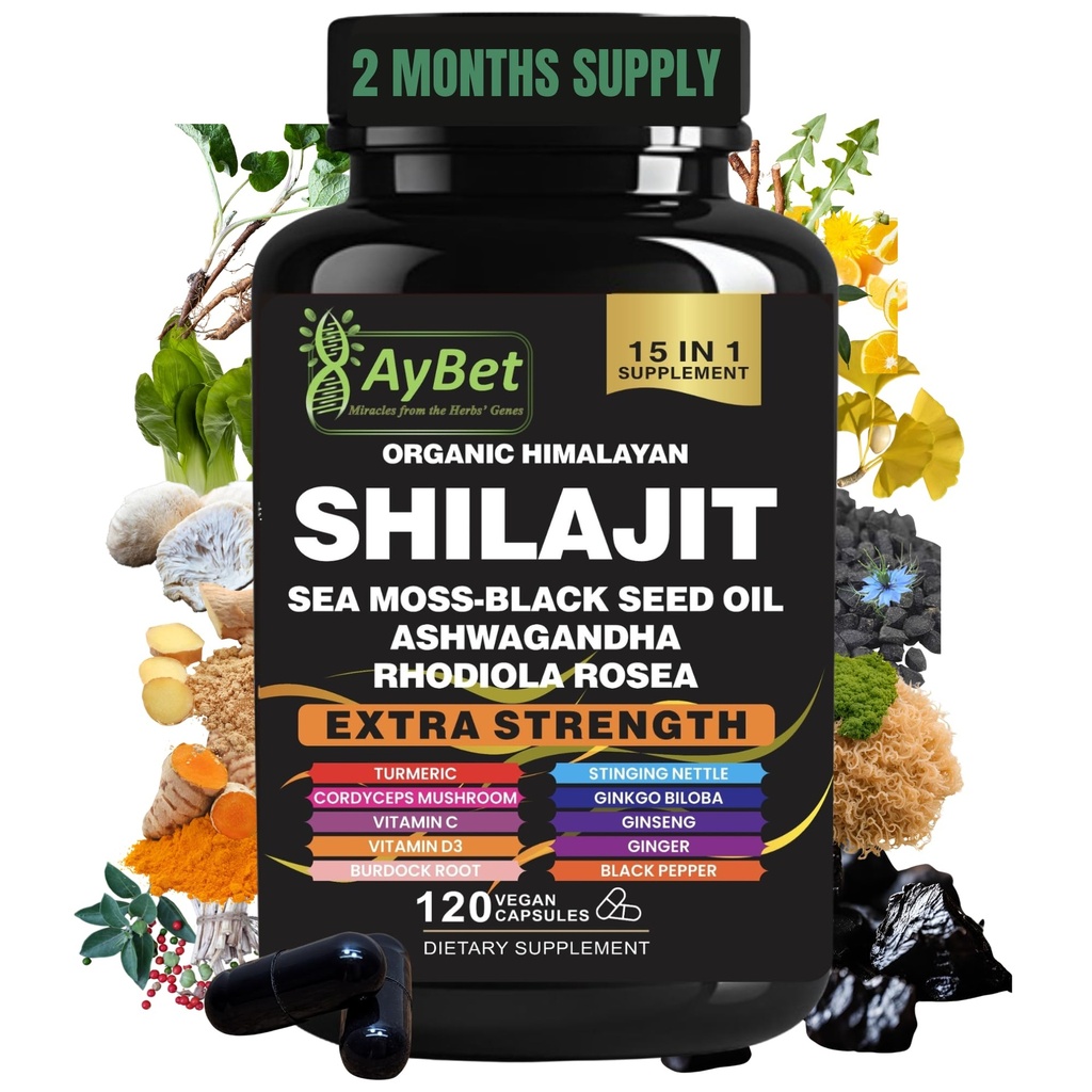 Shilajit til mænd og kvinder - Organic Himalayan Shilajit Kapsler med Sea Moss, Black Seed Oil, Ashwagandha, Rhodiola Rosea, Burdock, Cordyceps Mushroom, Ginseng, Gurmerisk, Ingefær, 120 Kapsler
