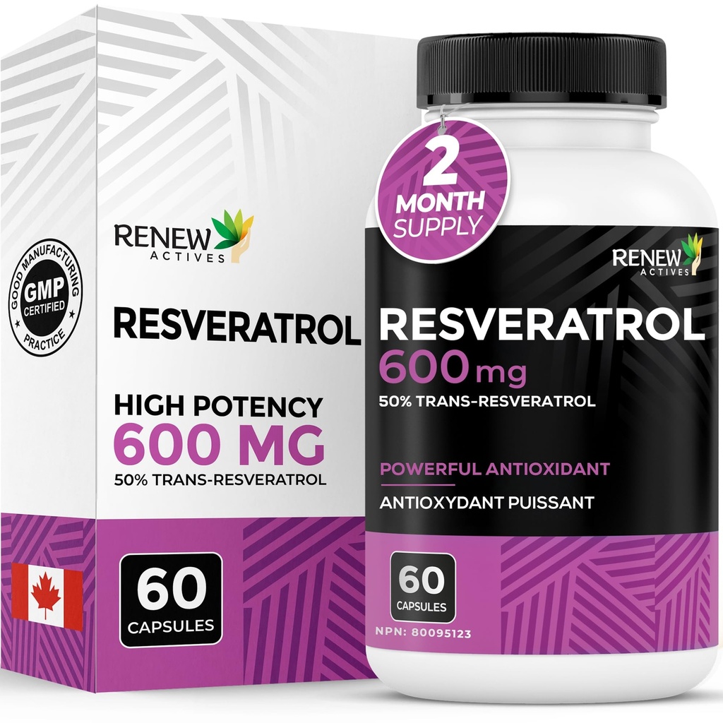 Renew Actives Resveratrol Supplement 600mg per servering - Højpotens Antioxidant Complex med 50% Trans- Resveratrol - Understøtter Cellular Health & Longevity - Made in Canada - 60 Vegan Kapsler