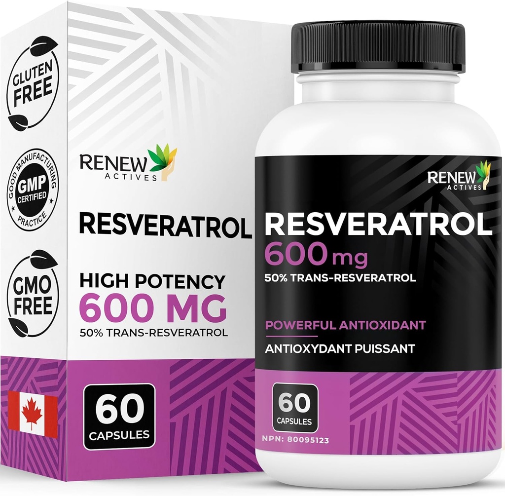 Renew Actives Resveratrol Supplement 600mg per servering - Højpotens Antioxidant Complex med 50% Trans- Resveratrol - Understøtter Cellular Health & Longevity - Made in Canada - 60 Vegan Kapsler
