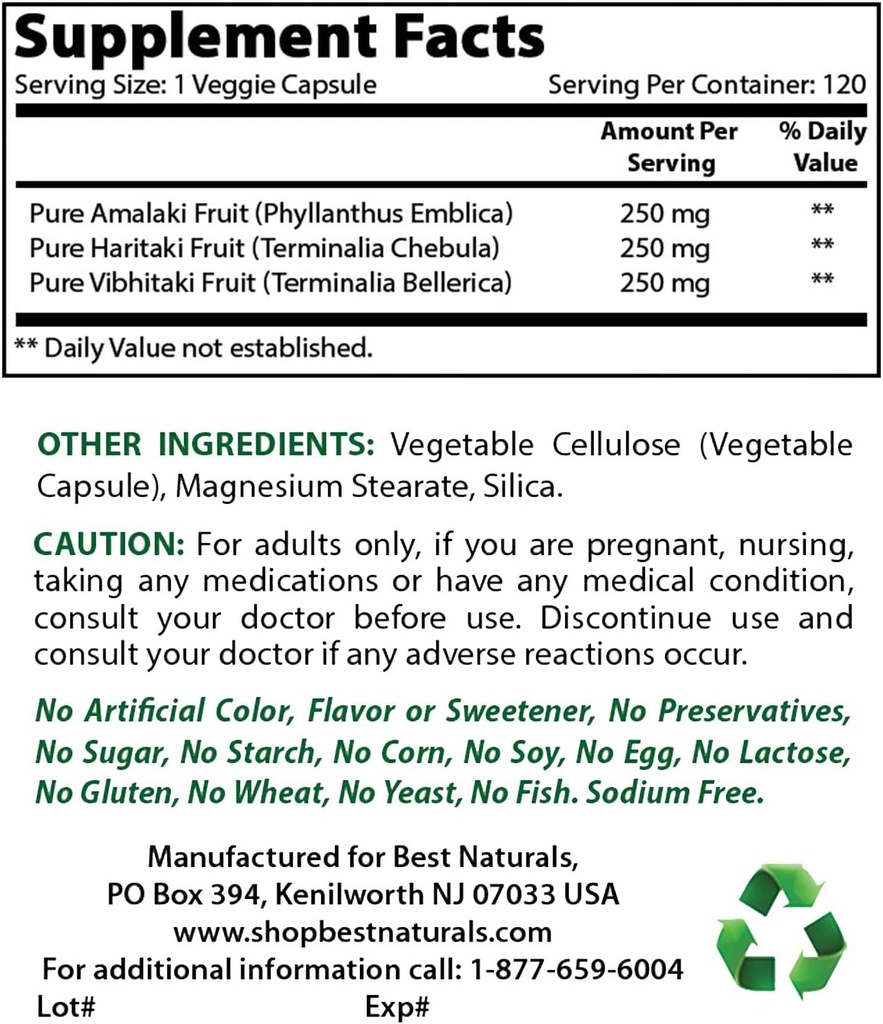 Bedste Naturals Triphala 750 mg & Probiotisk 10 Stammer & 30 Millioner CFU