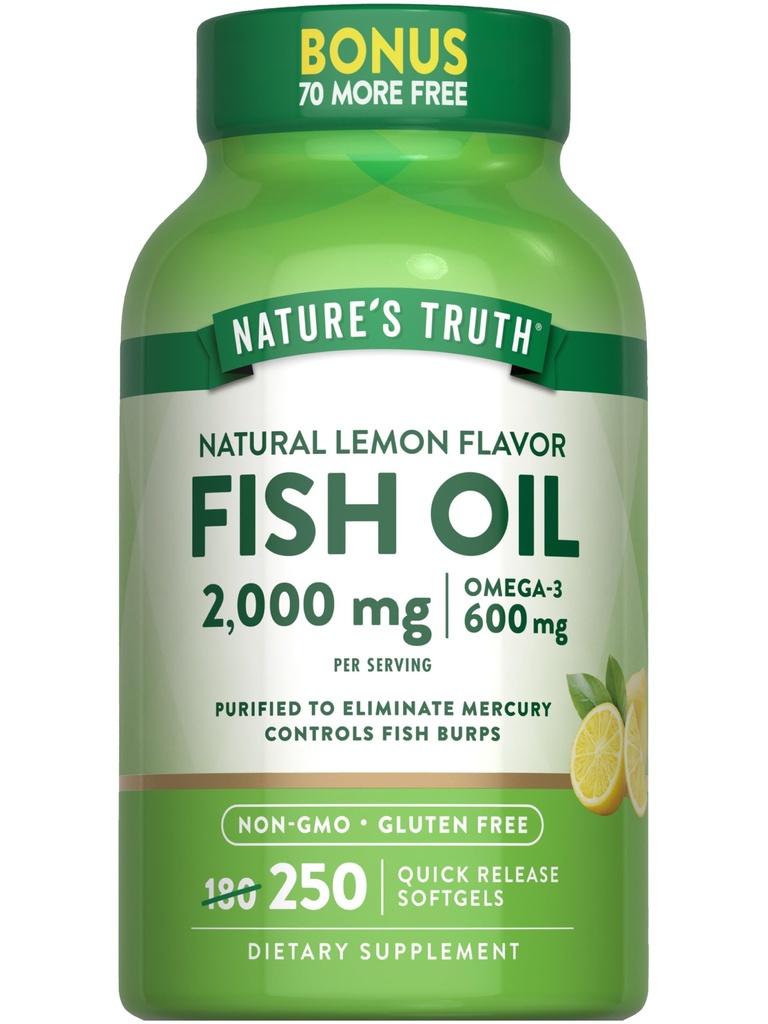 Nature 's Truth Fish Oil 2000 mg 1 124; 600 mg Omega 3 1 124; 250 Softgels 1 124; Natural Lemon Flavor 1 124; Non- GMO og Gluten Free Supplement