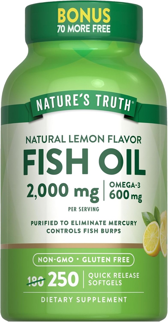 Nature 's Truth Fish Oil 2000 mg 1 124; 600 mg Omega 3 1 124; 250 Softgels 1 124; Natural Lemon Flavor 1 124; Non- GMO og Gluten Free Supplement