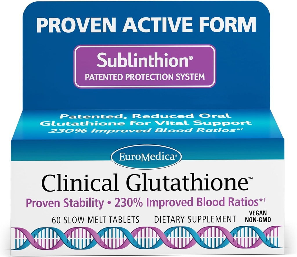 EuroMedica Clinical Glutathion - Antioxidant for High Absorption - Kosttilskud med L- Glutathion - Vegan supplement til Support Cell Health - 60 Slow Smelt Tablets