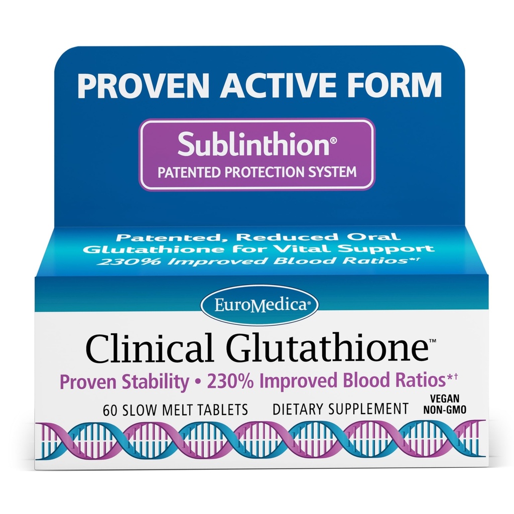 EuroMedica Clinical Glutathion - Antioxidant for High Absorption - Kosttilskud med L- Glutathion - Vegan supplement til Support Cell Health - 60 Slow Smelt Tablets