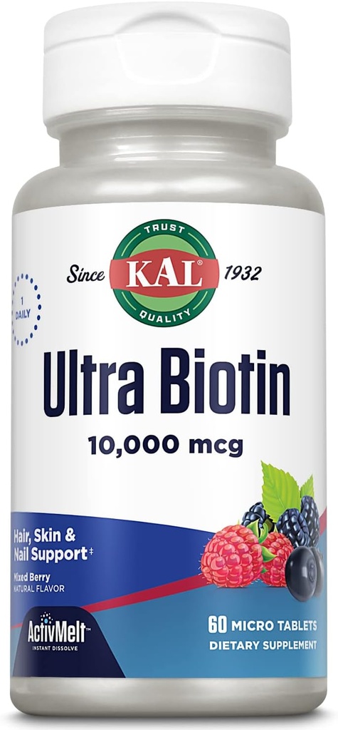 KAL Ultra Biotin 10000mcg ActivMelt, hårvækst tillæg, høj potens vitamin B7 for sundt hår, hud, negle og energi støtte, Vegetarisk, naturlige blandet berry flavor, 60 Serv, 60 Micro Tablets