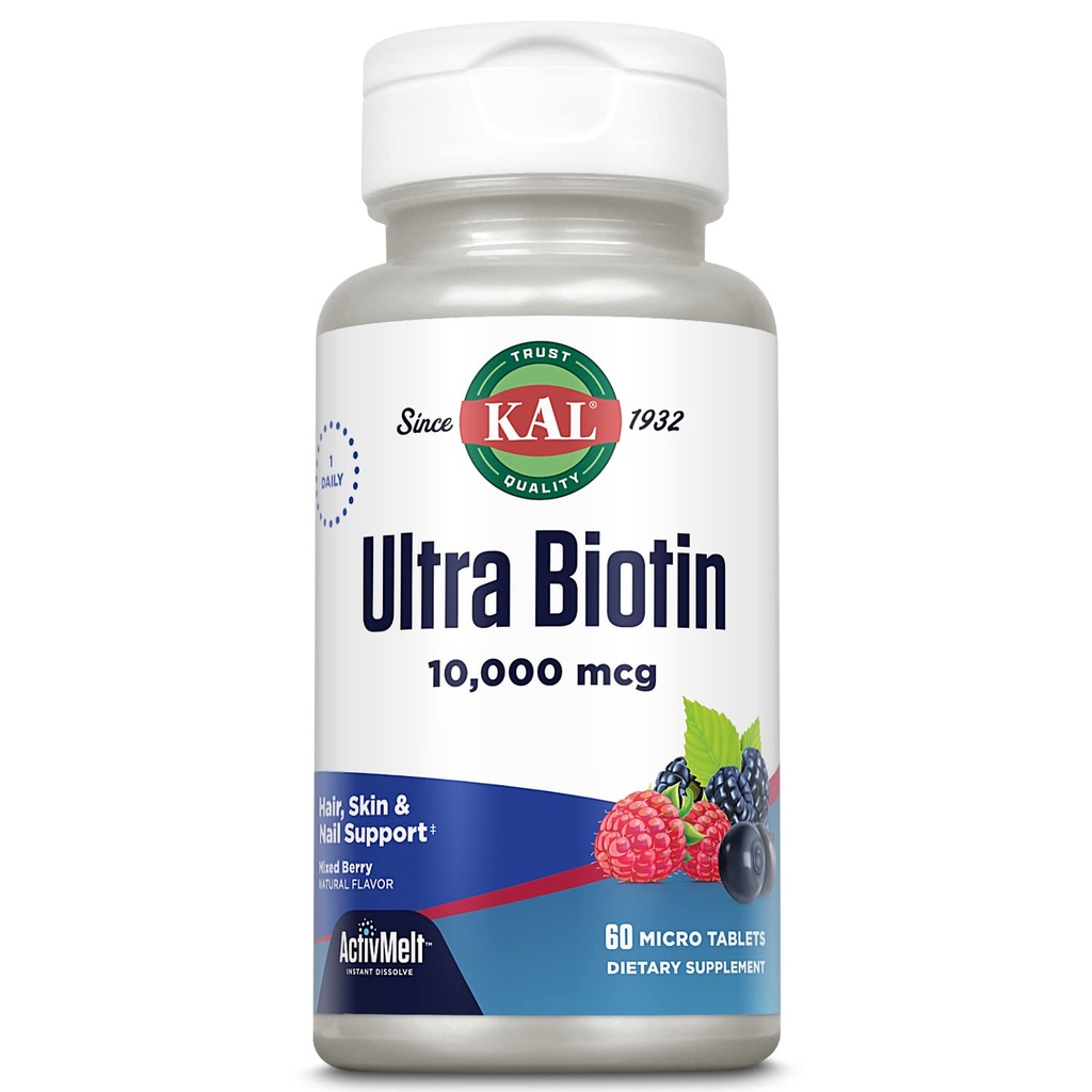KAL Ultra Biotin 10000mcg ActivMelt, hårvækst tillæg, høj potens vitamin B7 for sundt hår, hud, negle og energi støtte, Vegetarisk, naturlige blandet berry flavor, 60 Serv, 60 Micro Tablets
