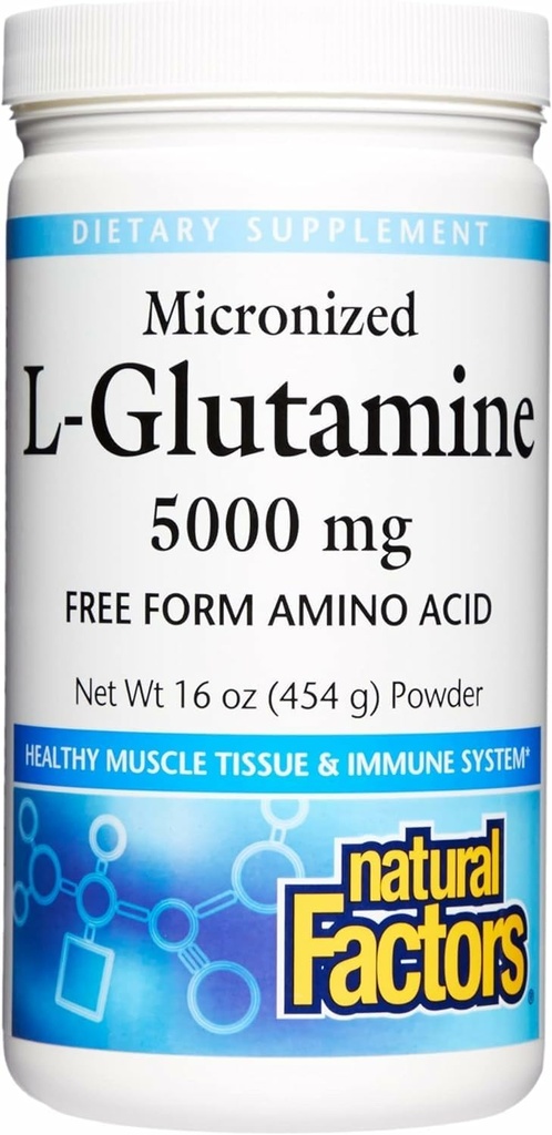 Naturlige faktorer Mikroniseret L- Glutamin 5000 mg pulver - Easy Absorption Gut Health Support - Powder Aminosyre Supplement Understøtter muskel Inddrivelse - 16 oz (90 Servere)