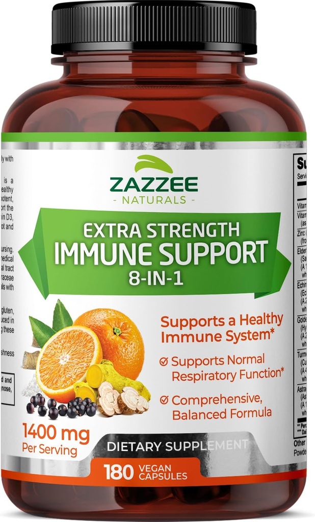 Zazzee Extra Strength 8- in-1 immunforsvar, 1400 mg per kapsel, 180 Vegankapsler, 1000 mg vitamin C, 1000 IE D3, Zink, Elderberry, Echinacea, Goldenseal, gurkemeje, Astragalus, Made in USA
