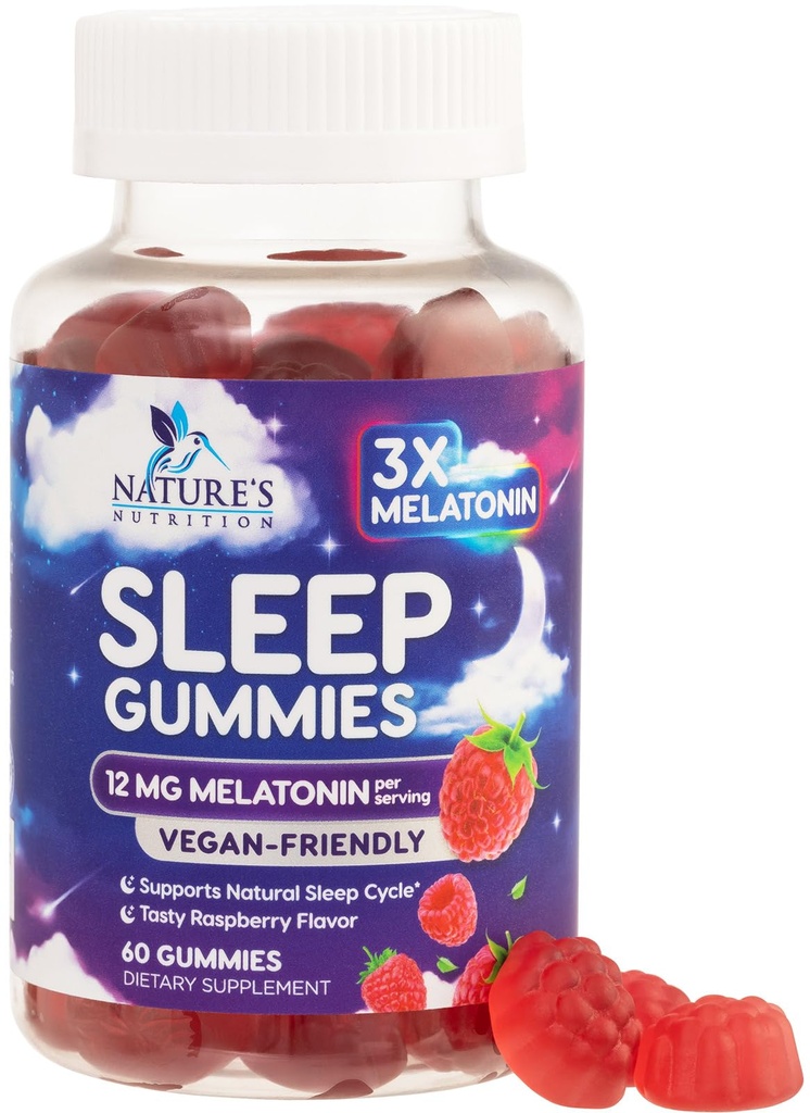 Sovegummi til voksne ekstra styrke - 12 mg melatonin sovegummi supplement, melatonin gummy til lejlighedsvis sovegummi supporttillæg, Vegan, non-GMO, gluten fri, Gomitas para Dormir, 60 gummies